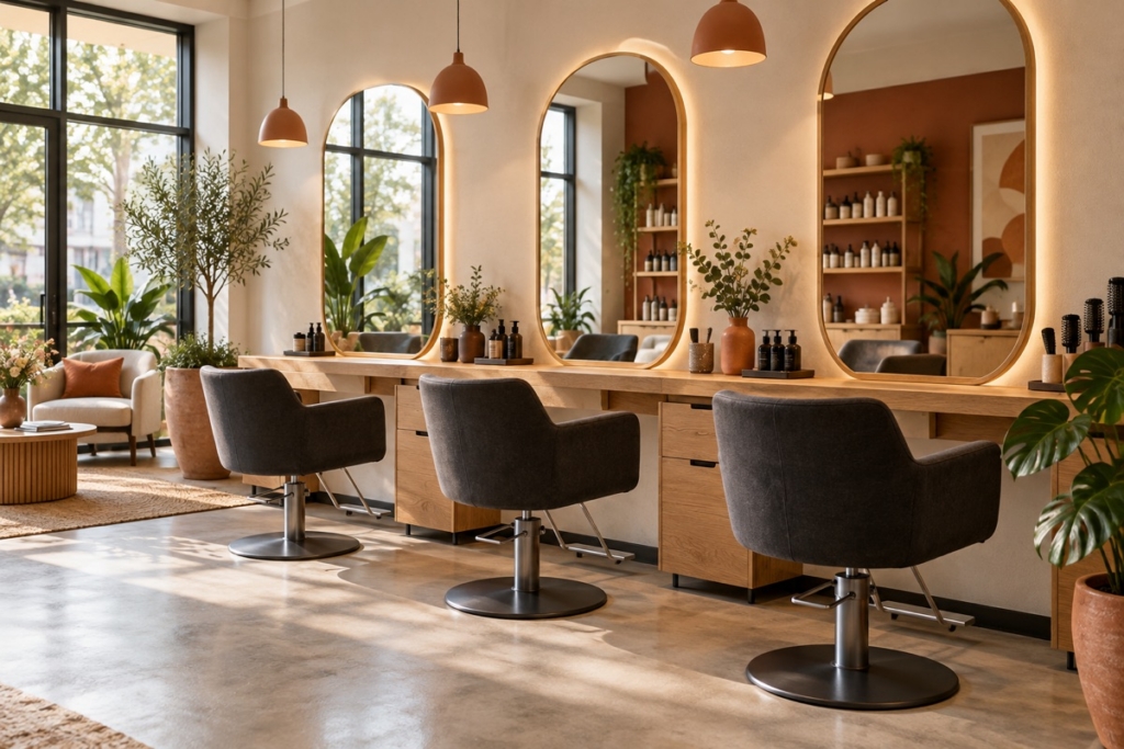 KI-generiertes Beispiel: heller moderner Haarstudio-Innenraum